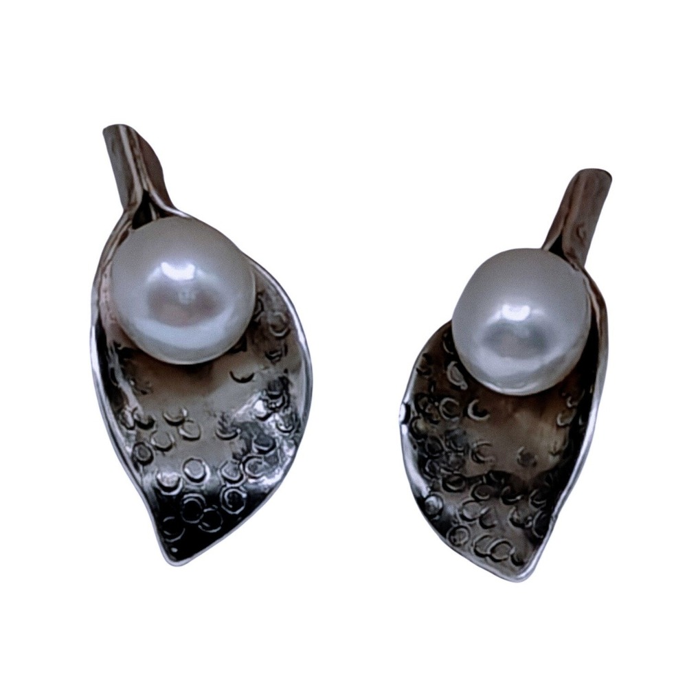 Sterling Silver Pearl Leaf Stud Earrings Textured Botanical Post 1.13g Signed